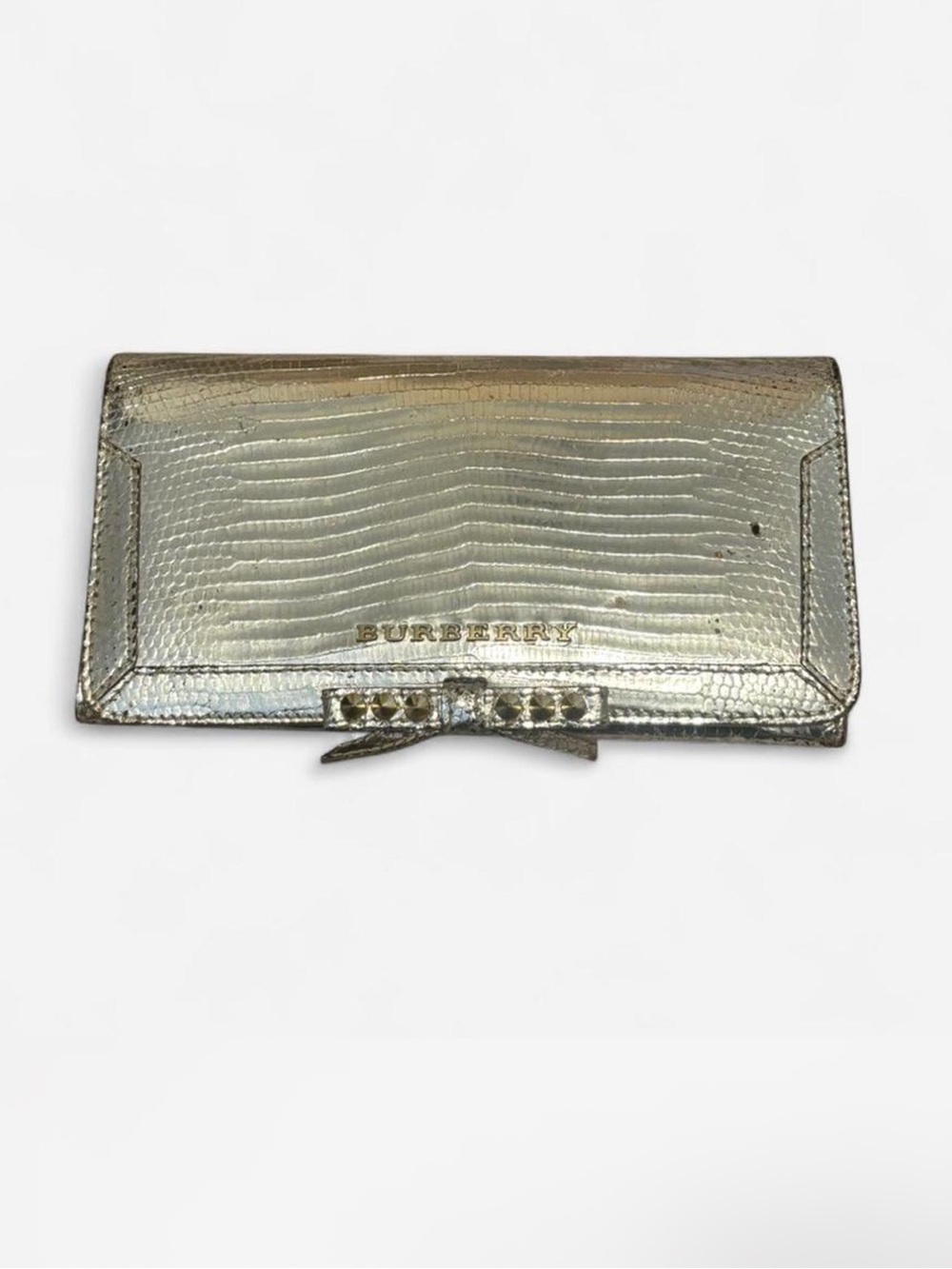 Burberry Silver Metallic Lizard-Embossed Bow Flap Wallet